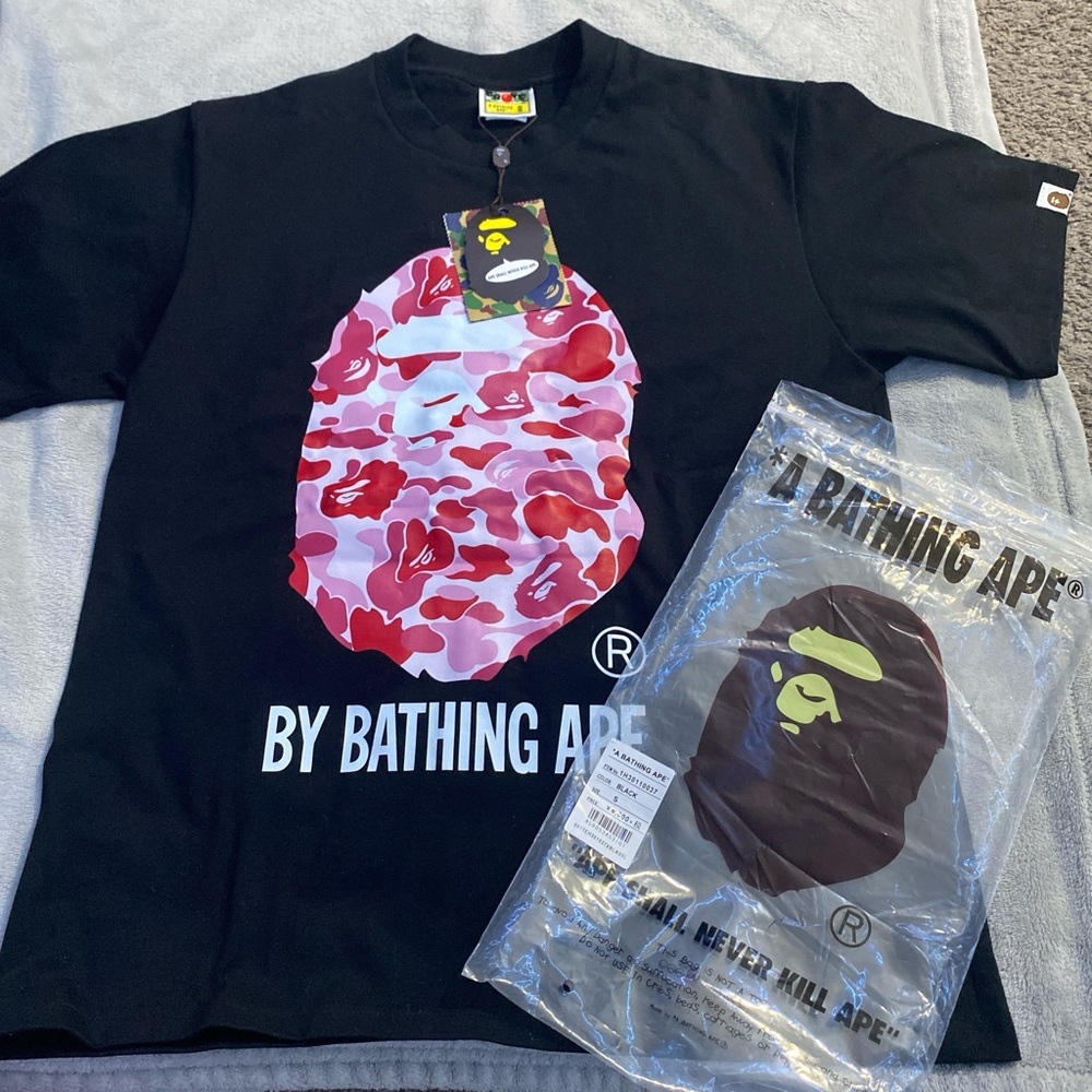 Bape Black Tee with Pink and Red Camo Ape Head